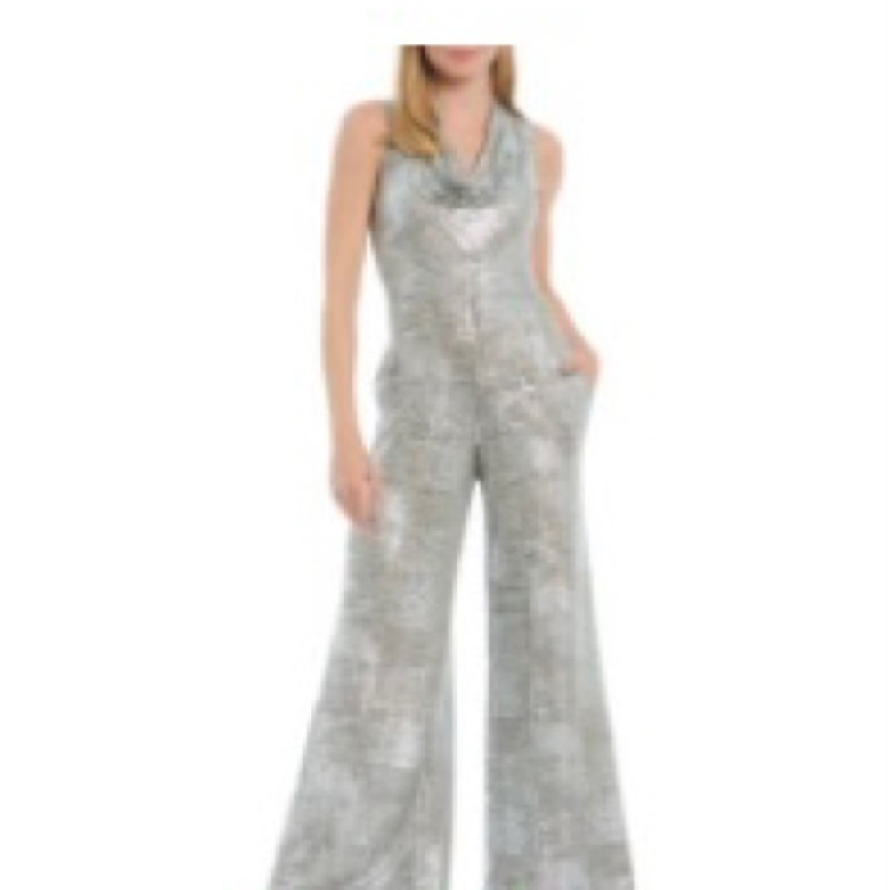 Vince Camuto Sleeveless Drape Neck Wide Leg Metallic Knit Jumpsuit